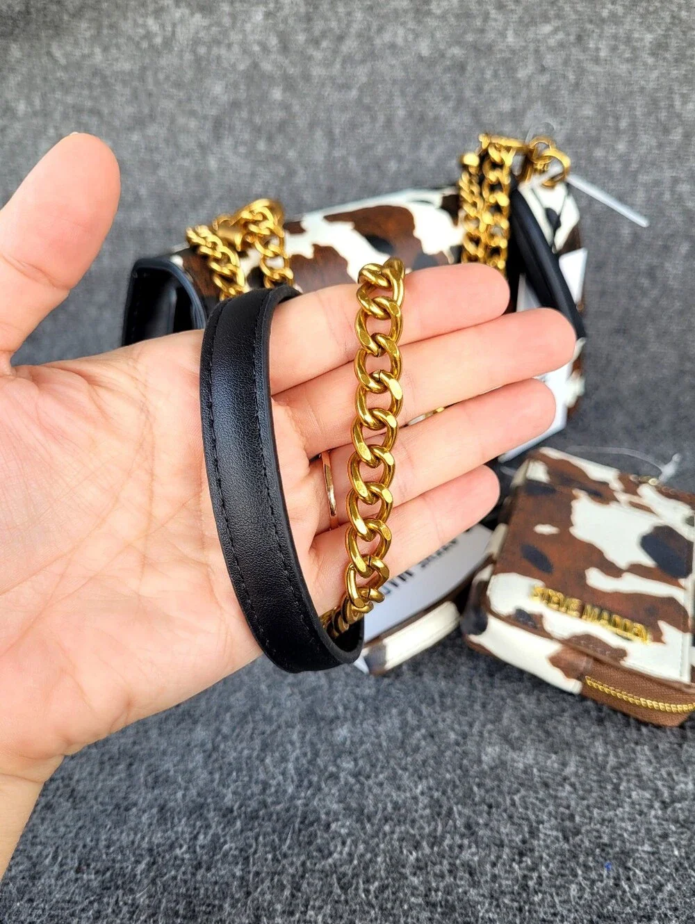 Steve Madden Cow Print Matching Shoulder Crossbody Handbag and Card Wallet Set